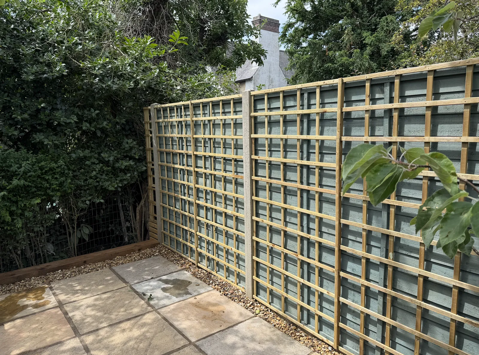 Square lattice trellis panels fixed over painted timber fencing