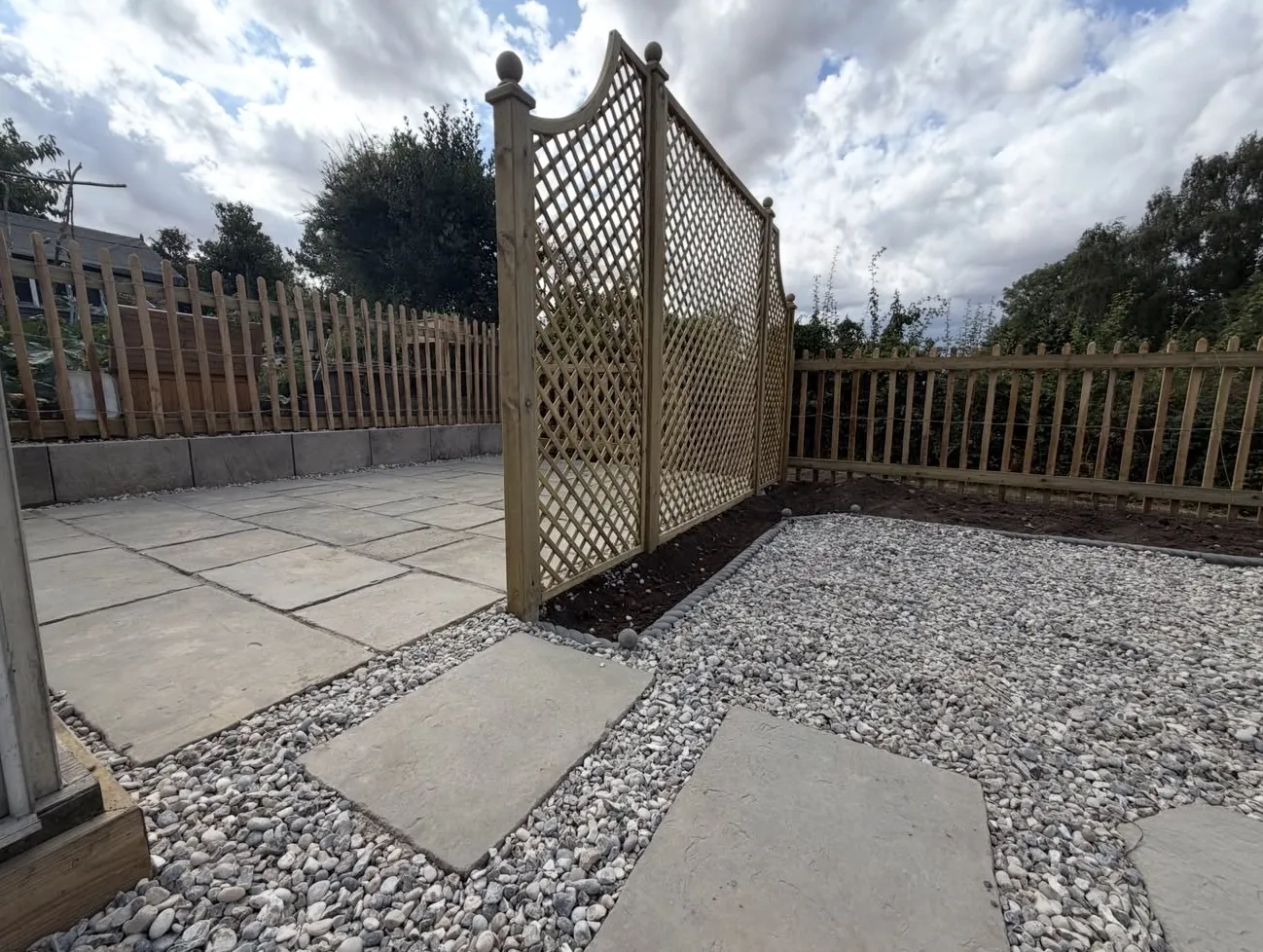 Sandstone paving with stepping stones set into decorative gravel